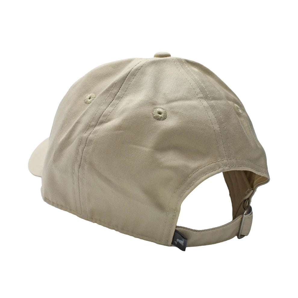 A light beige baseball cap shown from a rear three-quarter angle, featuring a curved brim and an adjustable snapback strap with a small black brand tag.
