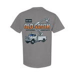 Old South Apparel Lineman Truck short sleeve tee in Graphite featuring a front pocket logo and hand-drawn lineman utility truck graphic on the back.