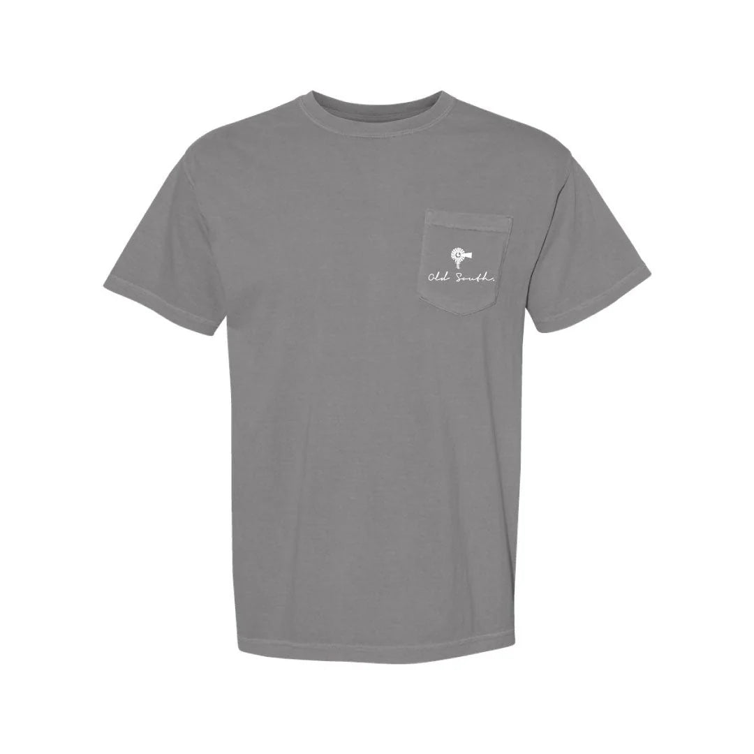Old South Apparel Lineman Truck short sleeve tee in Graphite featuring a front pocket logo and hand-drawn lineman utility truck graphic on the back.