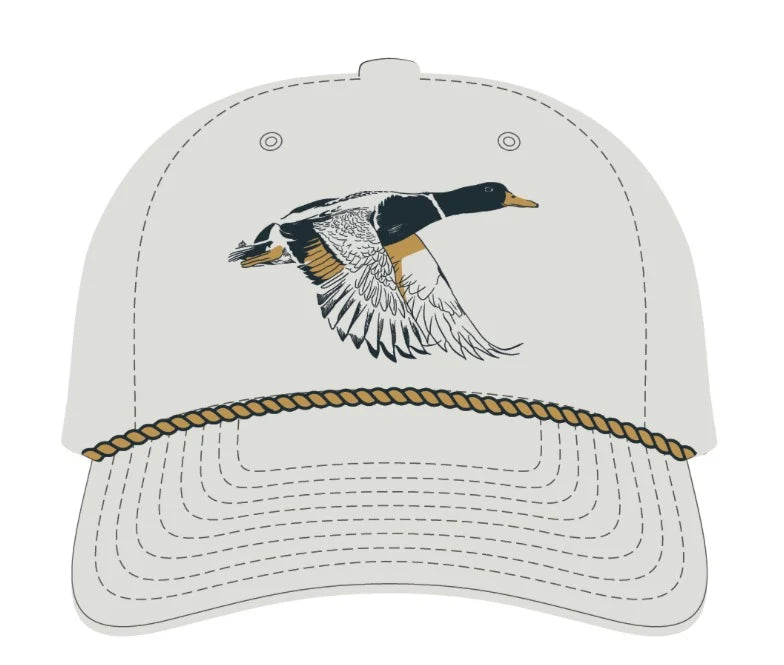 A light gray baseball cap featuring a detailed graphic of a flying mallard duck on the front panel and a braided tan rope detail across the brim.