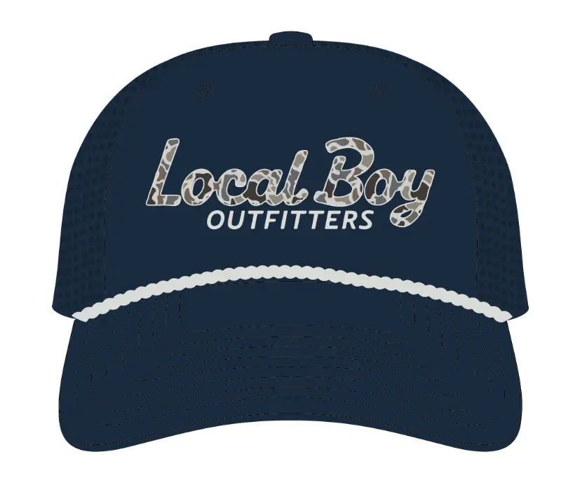 A navy blue baseball cap with a curved brim, featuring a white rope detail across the front and 'Local Boy OUTFITTERS' embroidered in white and camouflage lettering on the front panel.