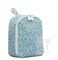 A small zippered cosmetic bag with a light blue and green floral print, featuring a white zipper and a small white bow detail on the zipper pull.