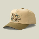 Marsh Wear Heritage Outdoor 5-Panel Hat in Olive featuring cotton oxford construction, unique outdoor-inspired artwork, a mid-profile fit, and adjustable snapback closure.
