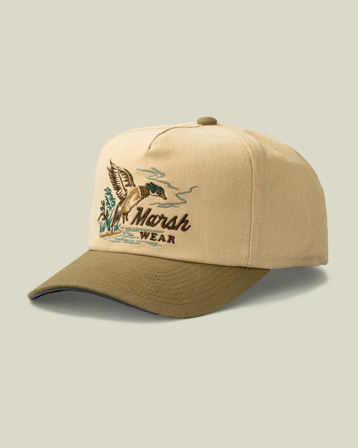 Marsh Wear Heritage Outdoor 5-Panel Hat in Olive featuring cotton oxford construction, unique outdoor-inspired artwork, a mid-profile fit, and adjustable snapback closure.