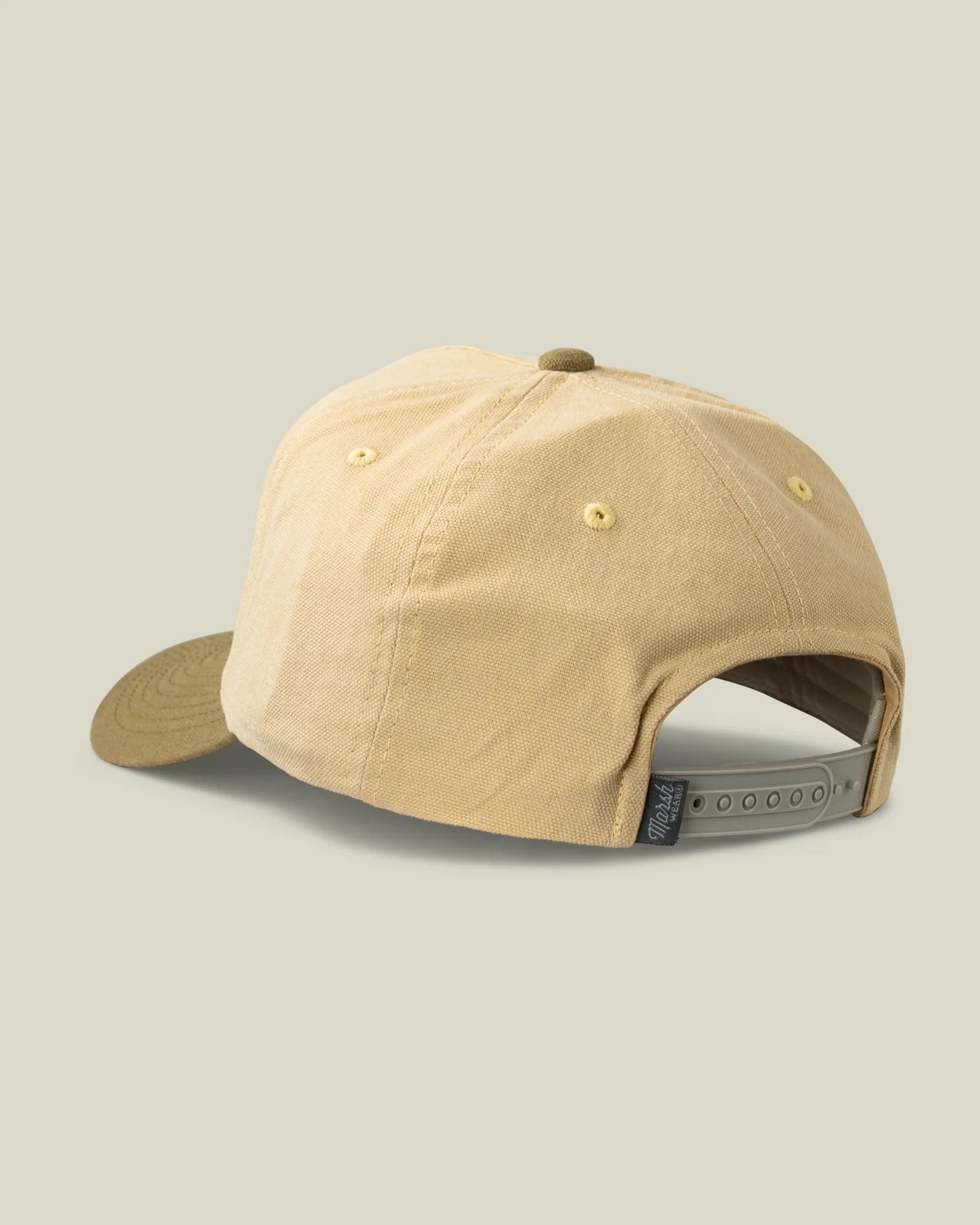 Back Marsh Wear Heritage Outdoor 5-Panel Hat in Olive featuring cotton oxford construction, unique outdoor-inspired artwork, a mid-profile fit, and adjustable snapback closure.