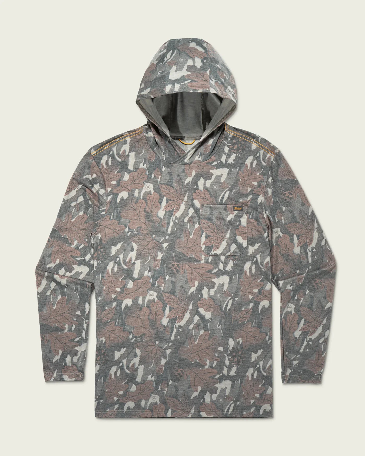 Marsh Wear Buxton Tech Hoodie in Lowland Canopy Camo featuring lightweight performance fabric, UPF 40 sun protection, hood, and thumb loops for fishing and outdoor wear.