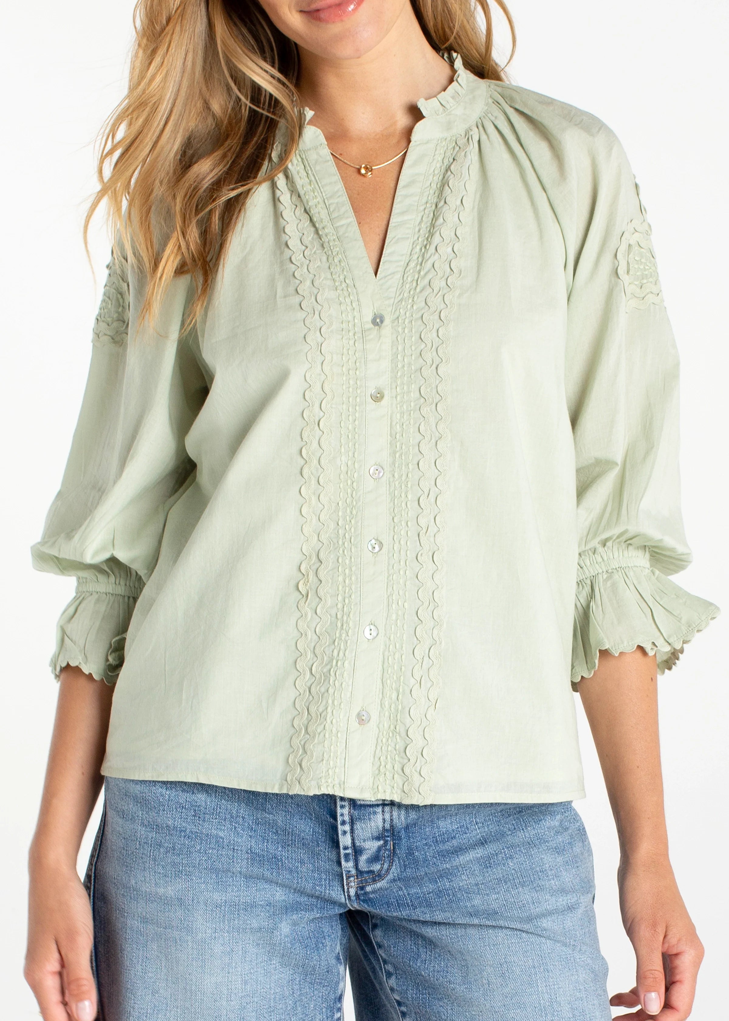 3/4 Sleeve Button Front Woven Top
