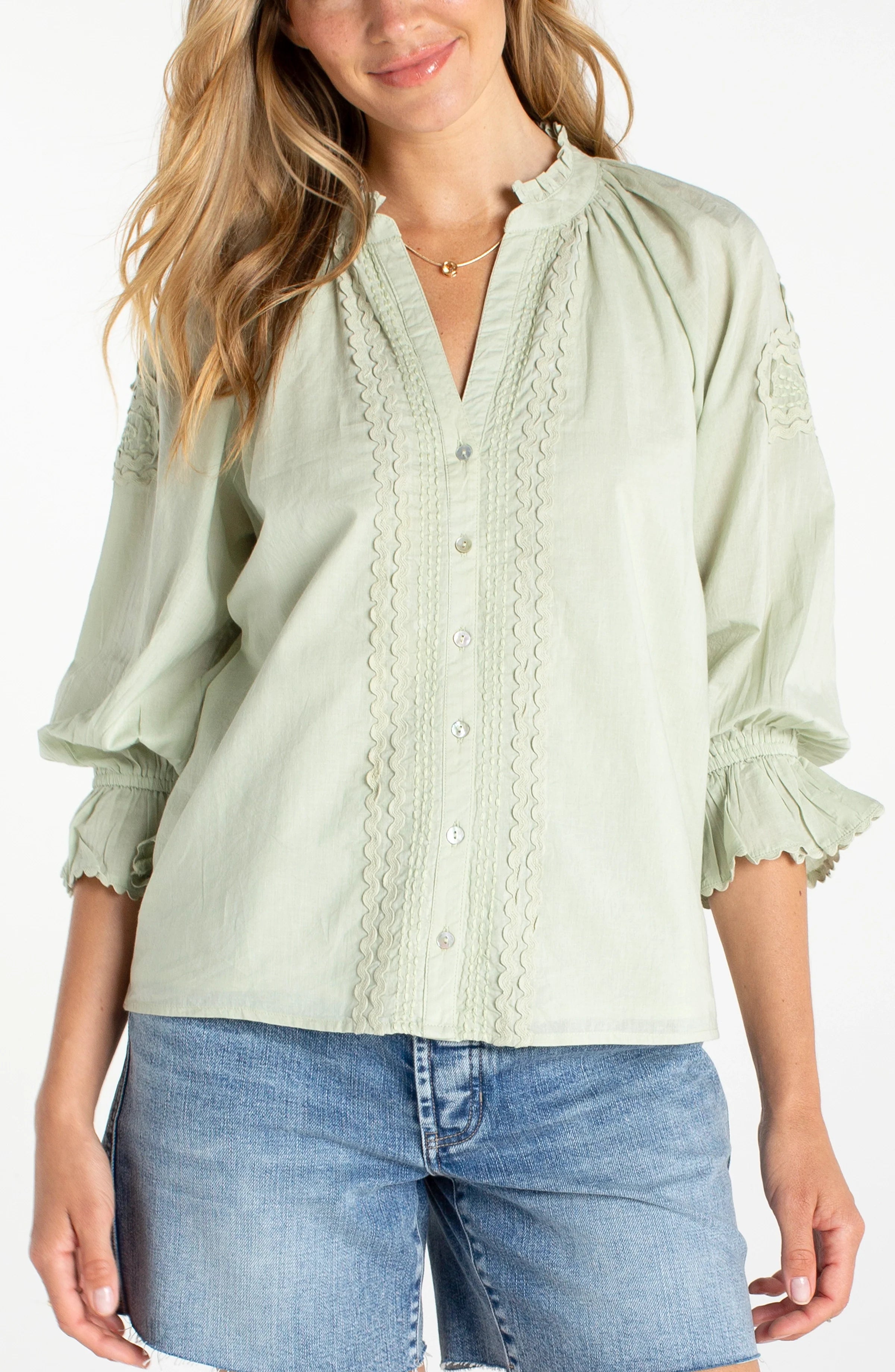 3/4 Sleeve Button Front Woven Top