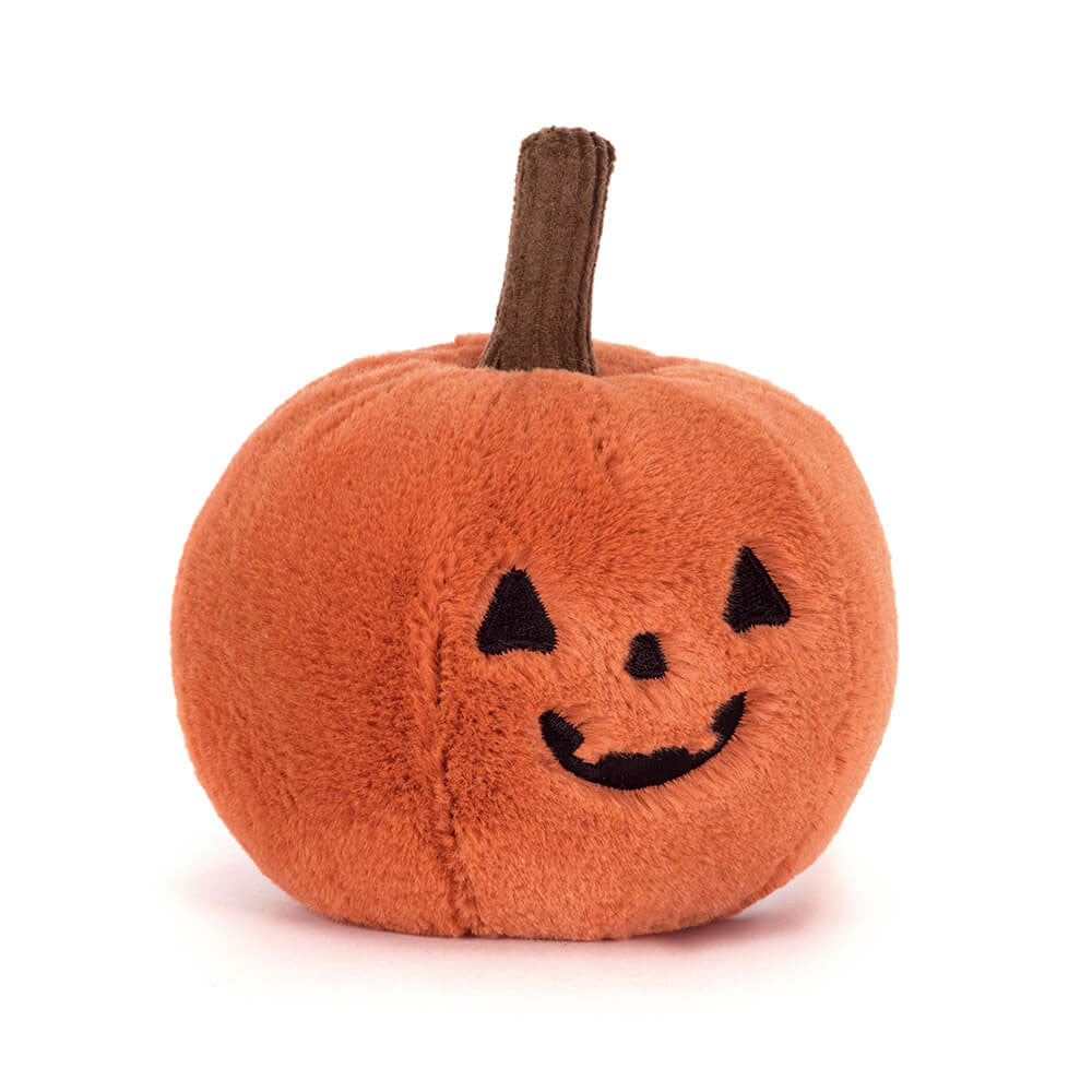JellyCat Ooky Jack O'Lantern plush featuring a soft orange pumpkin design, classic jack-o'-lantern face, and playful Halloween details.