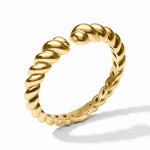 Julie Vos Ravello Cuff in luminous 24K gold plate featuring a bold sculptural silhouette, 0.6-inch width, and spring hinge closure for an elegant statement look.