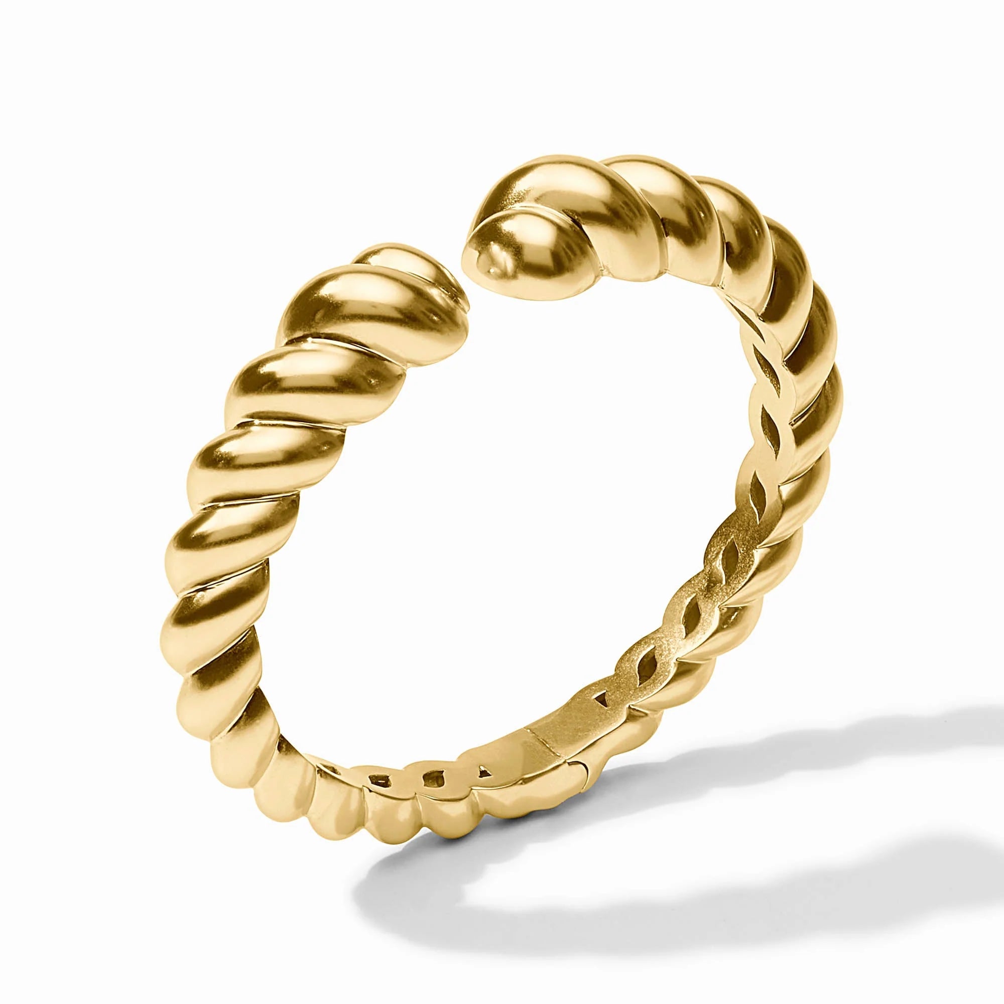 Julie Vos Ravello Cuff in luminous 24K gold plate featuring a bold sculptural silhouette, 0.6-inch width, and spring hinge closure for an elegant statement look.