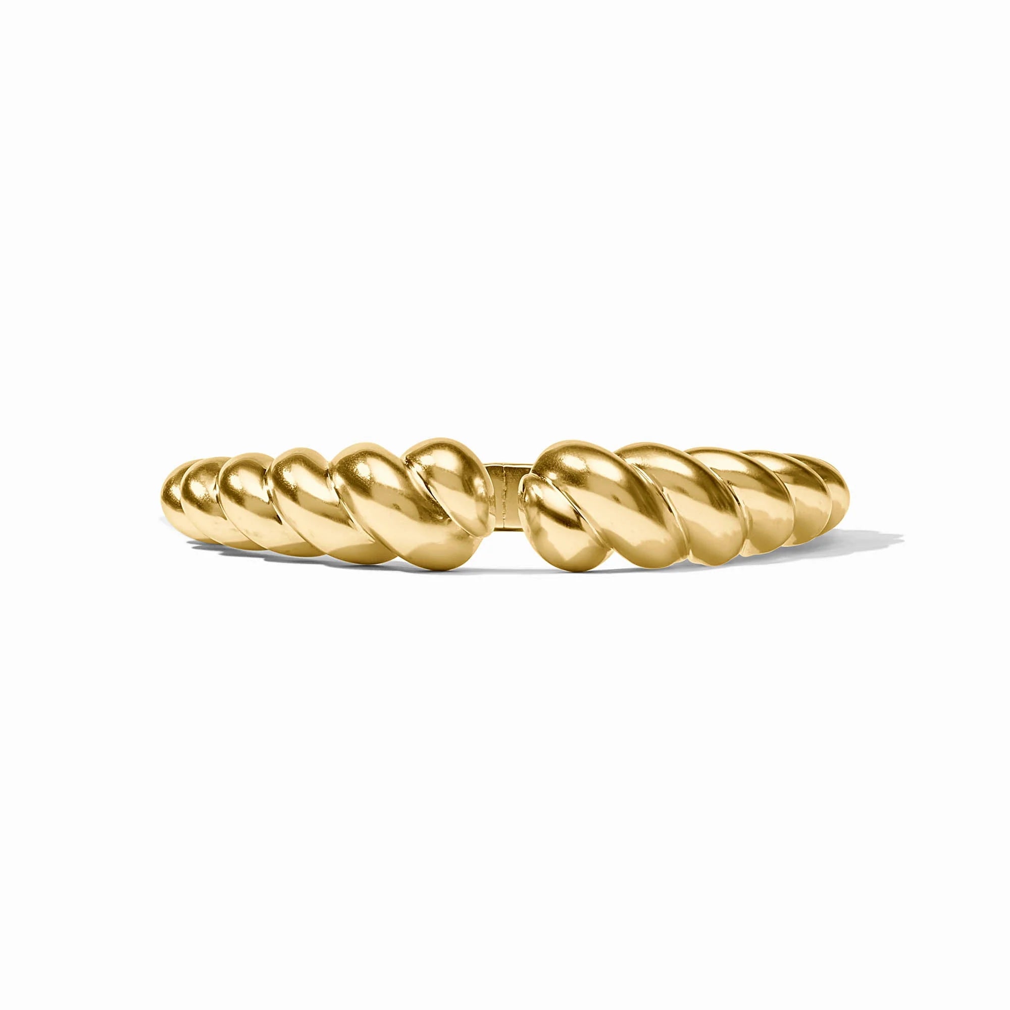 Julie Vos Ravello Cuff in luminous 24K gold plate featuring a bold sculptural silhouette, 0.6-inch width, and spring hinge closure for an elegant statement look.