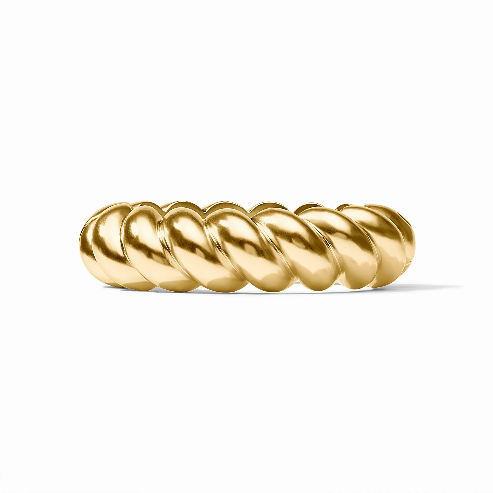 Julie Vos Ravello Statement Hinge Bangle featuring a bold 24K gold-plated design with a lightly hammered finish and sparkling gemstone accents.