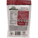 Back of a packaged food product pouch with a red top header, white body, printed nutrition facts, barcode, and a red 'How to Savor' panel with icons and text.