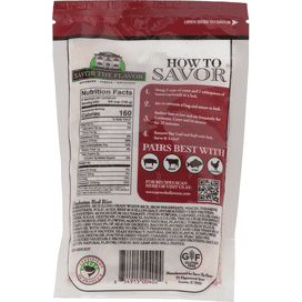 Back of a packaged food product pouch with a red top header, white body, printed nutrition facts, barcode, and a red 'How to Savor' panel with icons and text.