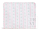 A rectangular padded cushion or pillow with a white background, vertical pink stripes, and small mint green floral motifs. A semi-transparent 'TRVL design' watermark is visible on the right side.