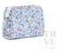 A rectangular cosmetic pouch with a blue, pink, and green floral print on a white background, featuring a white zipper closure with white plastic pulls. A faint 'TRVL design' watermark is visible on the right side.