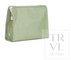 A green and white gingham check cosmetic pouch with a white zipper pull, shown on a white background with a 'TRVL design' watermark.