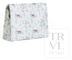 A fabric-covered bag or case with a white background and an allover print of hunting dogs, grass, and small birds in muted green, brown, and red tones. The product is photographed on a plain white background with a large translucent 'TRVL design' watermark on the right side.