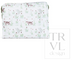 A rectangular zippered pouch with a white background and a delicate print of hunting dogs, ducks, and reeds in muted green and brown. A faint 'TRVL design' watermark is visible on the right side.