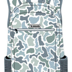 A backpack with a blue, green, and gray camouflage pattern, featuring a front zippered pocket and side mesh pockets, shown against a plain white background.