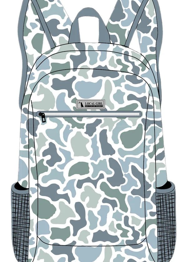 A backpack with a blue, green, and gray camouflage pattern, featuring a front zippered pocket and side mesh pockets, shown against a plain white background.