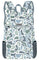 A backpack with a blue, green, and gray camouflage pattern, featuring a front zippered pocket and side mesh pockets, shown against a plain white background.