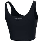 A black athletic sports bra with 'LOCAL GIRL' printed in white text on the chest, shown against a plain white background.