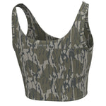 Camouflage-patterned sports bra on a white background