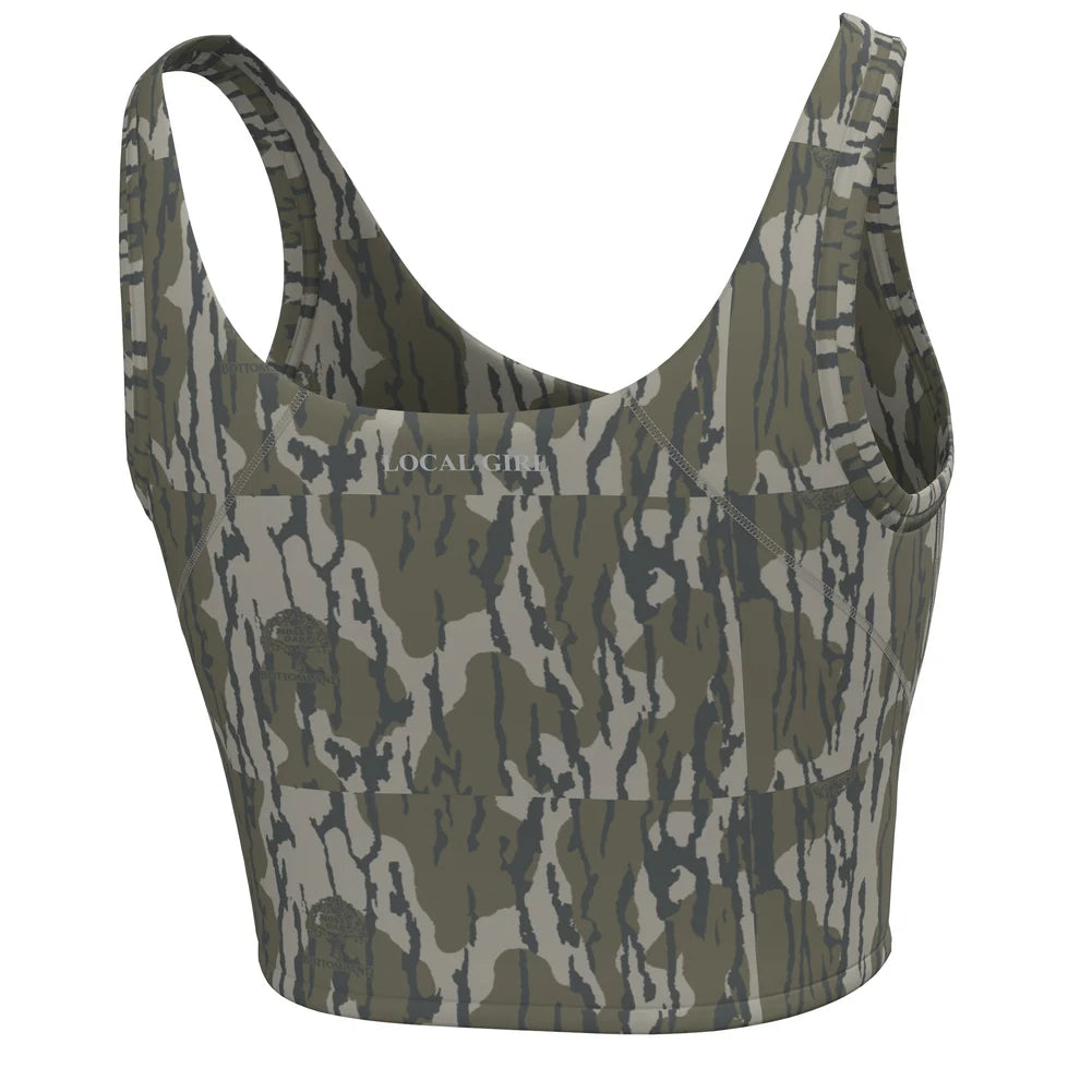 Camouflage-patterned sports bra on a white background