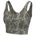 Camouflage-patterned sports bra on a white background