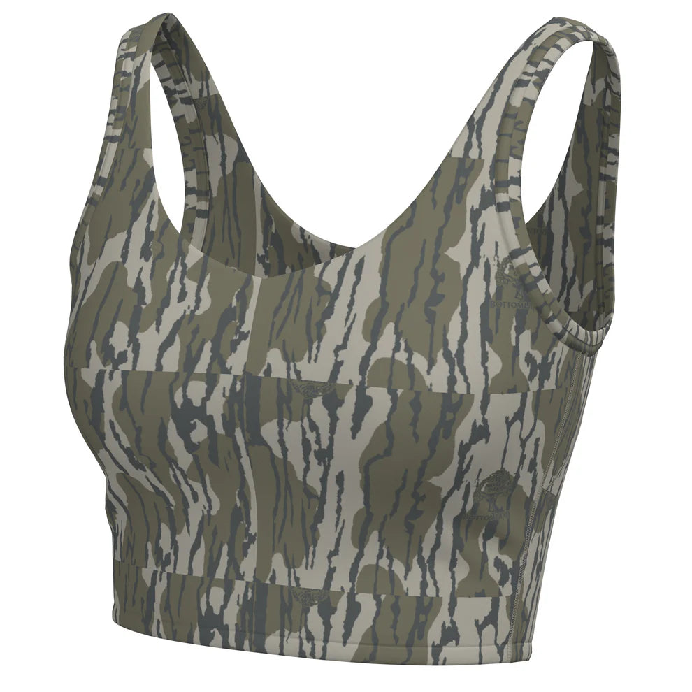 Camouflage-patterned sports bra on a white background