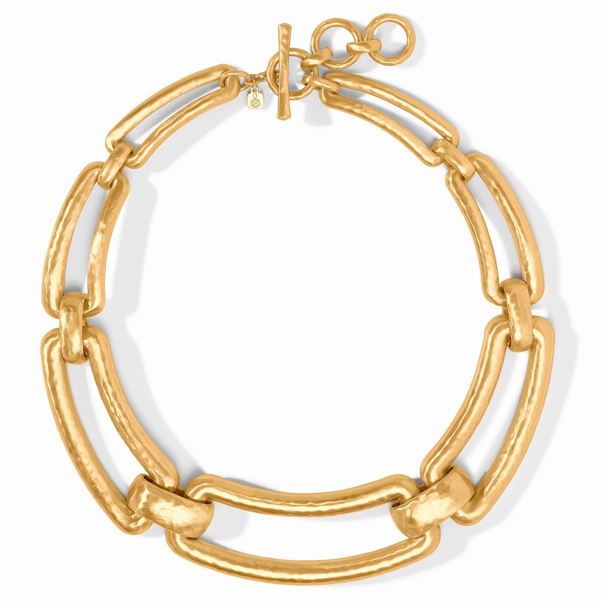 A chunky gold chain link necklace with a hammered texture and a toggle clasp, shown on a clean white background.