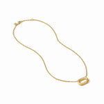 A delicate yellow gold chain necklace with a textured, open oval pendant, displayed on a clean white background.