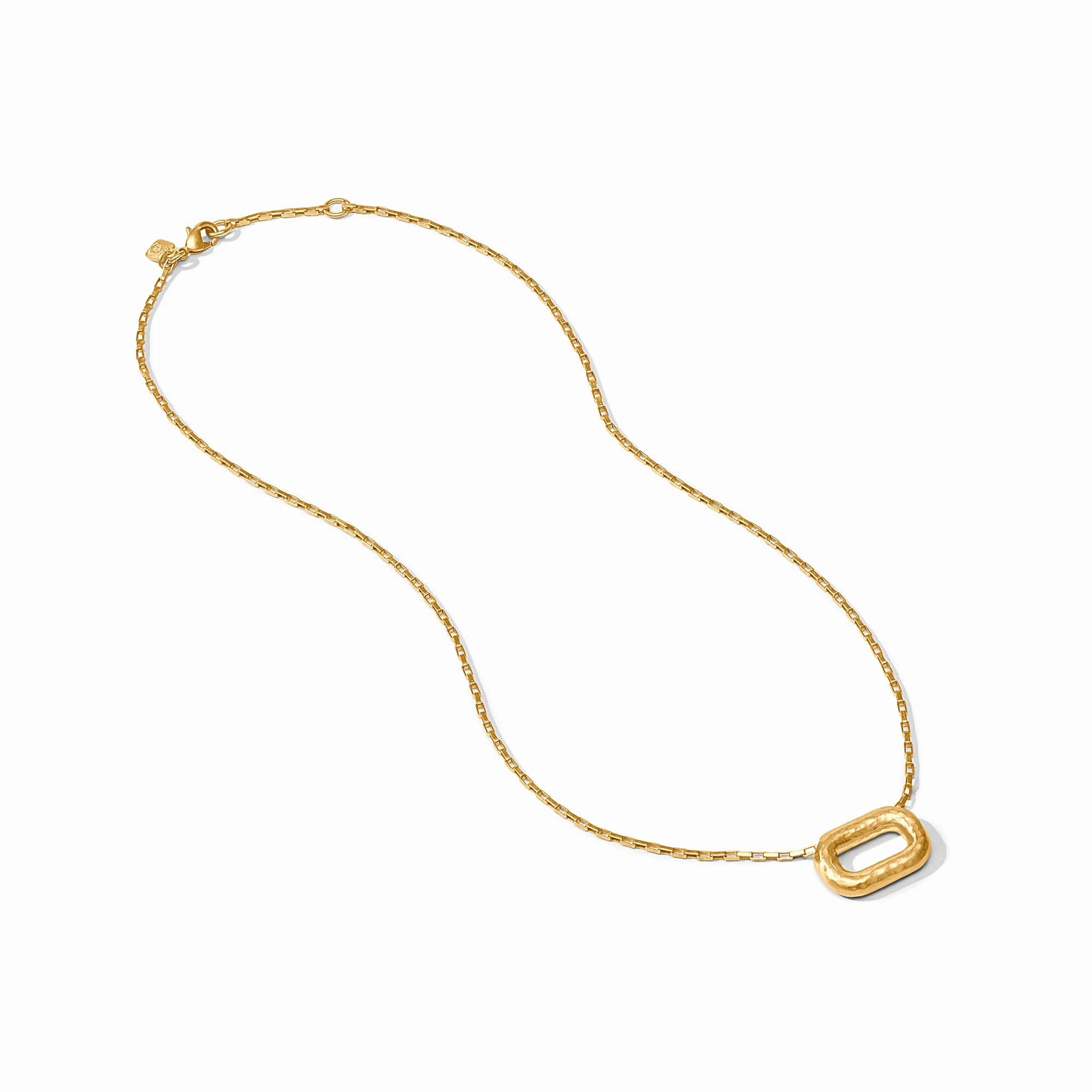 A delicate yellow gold chain necklace with a textured, open oval pendant, displayed on a clean white background.