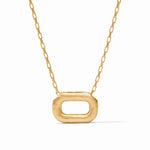 A gold necklace with a textured, open rectangular oval pendant on a delicate link chain, shown against a plain white background.