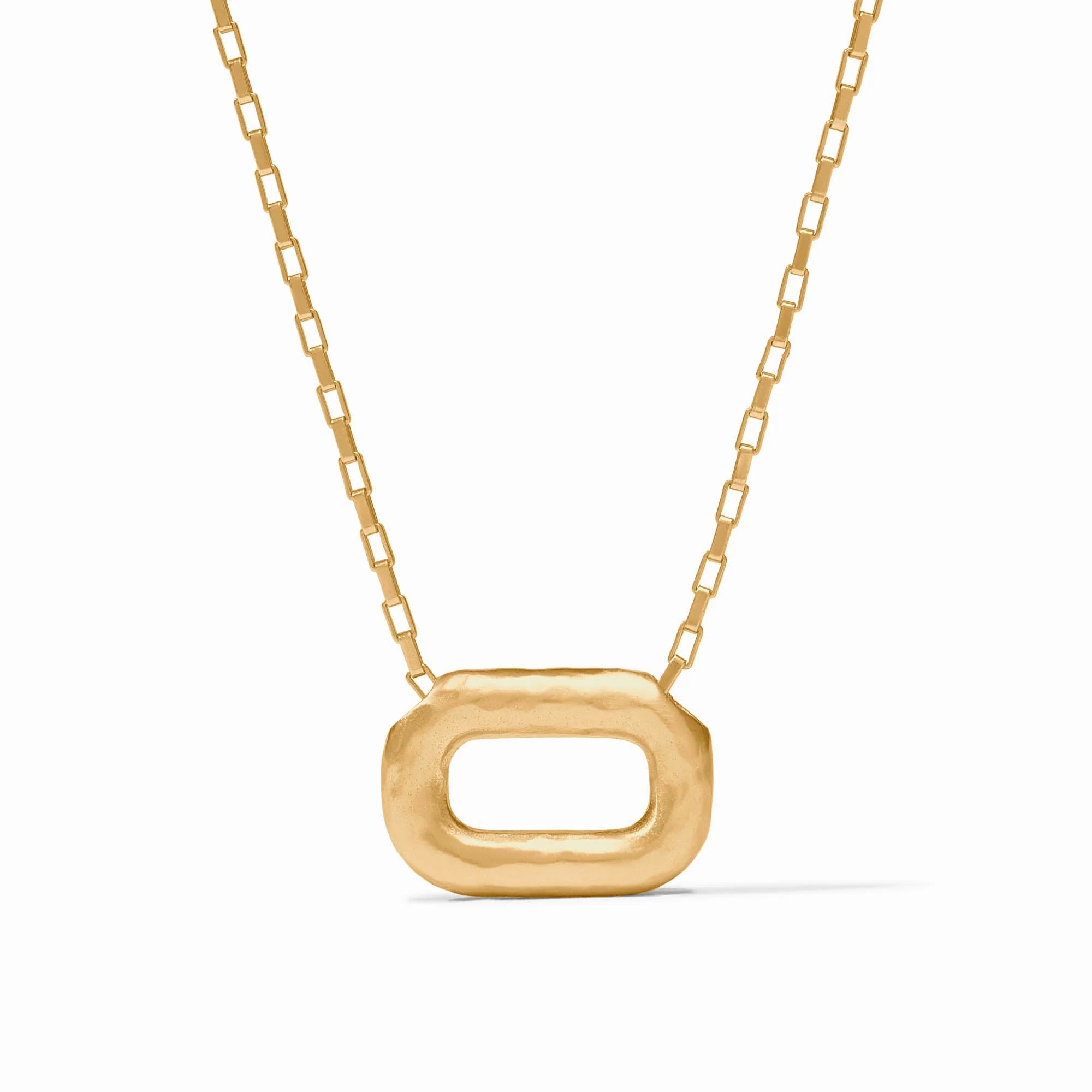 A gold necklace with a textured, open rectangular oval pendant on a delicate link chain, shown against a plain white background.