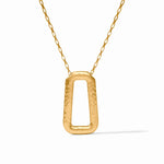 A gold pendant necklace featuring a textured, open rectangular frame on a delicate gold chain, presented on a clean white background.
