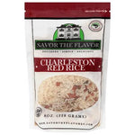 A 8 oz bag of Savor the Flavor Charleston Red Rice, featuring a white and red package design with a clear window showing the rice inside.