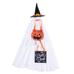 Halloween-themed costume with ghost cape, pumpkin bag, and witch hat on a white background