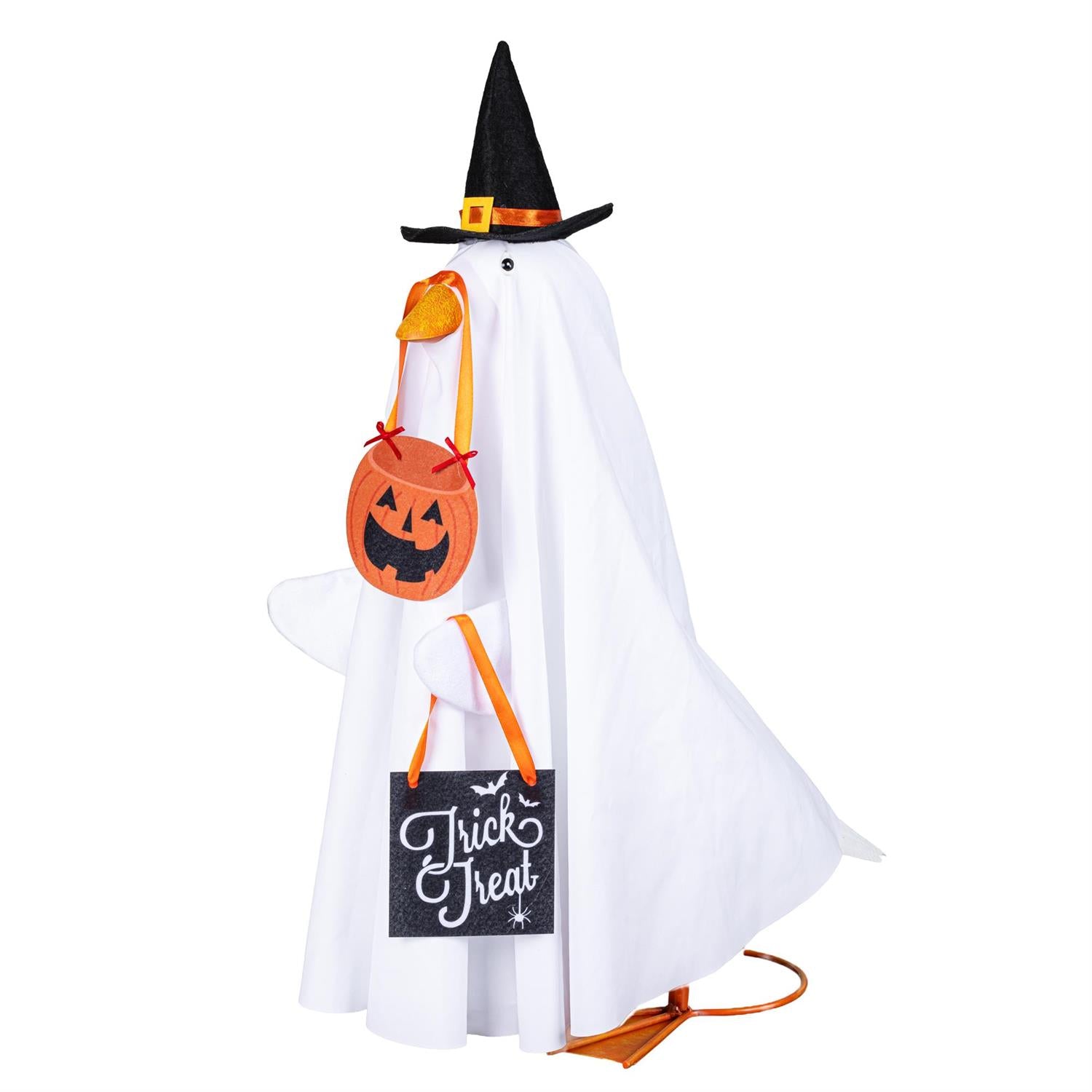 Halloween-themed ghost decoration with a witch hat, pumpkin bag, and 'Trick or Treat' sign on a white background.