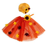 Goose's costume set with orange tutu, yellow sunflower headband, and yellow hat on a white background