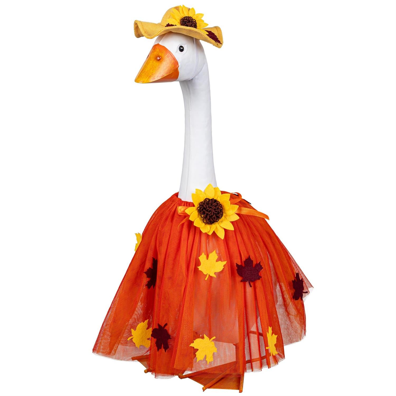 Decorative goose wearing an orange dress with sunflower patterns and a matching hat on a white background
