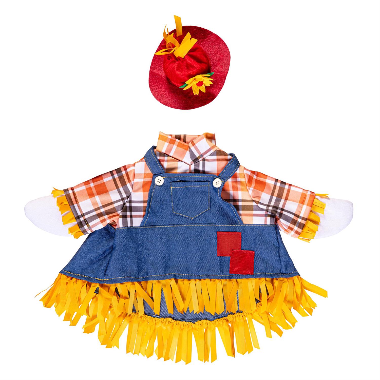 Scarecrow costume with denim overalls, plaid shirt, and red hat on a white background