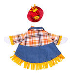 Scarecrow costume with plaid shirt, denim skirt, and red hat on a white background