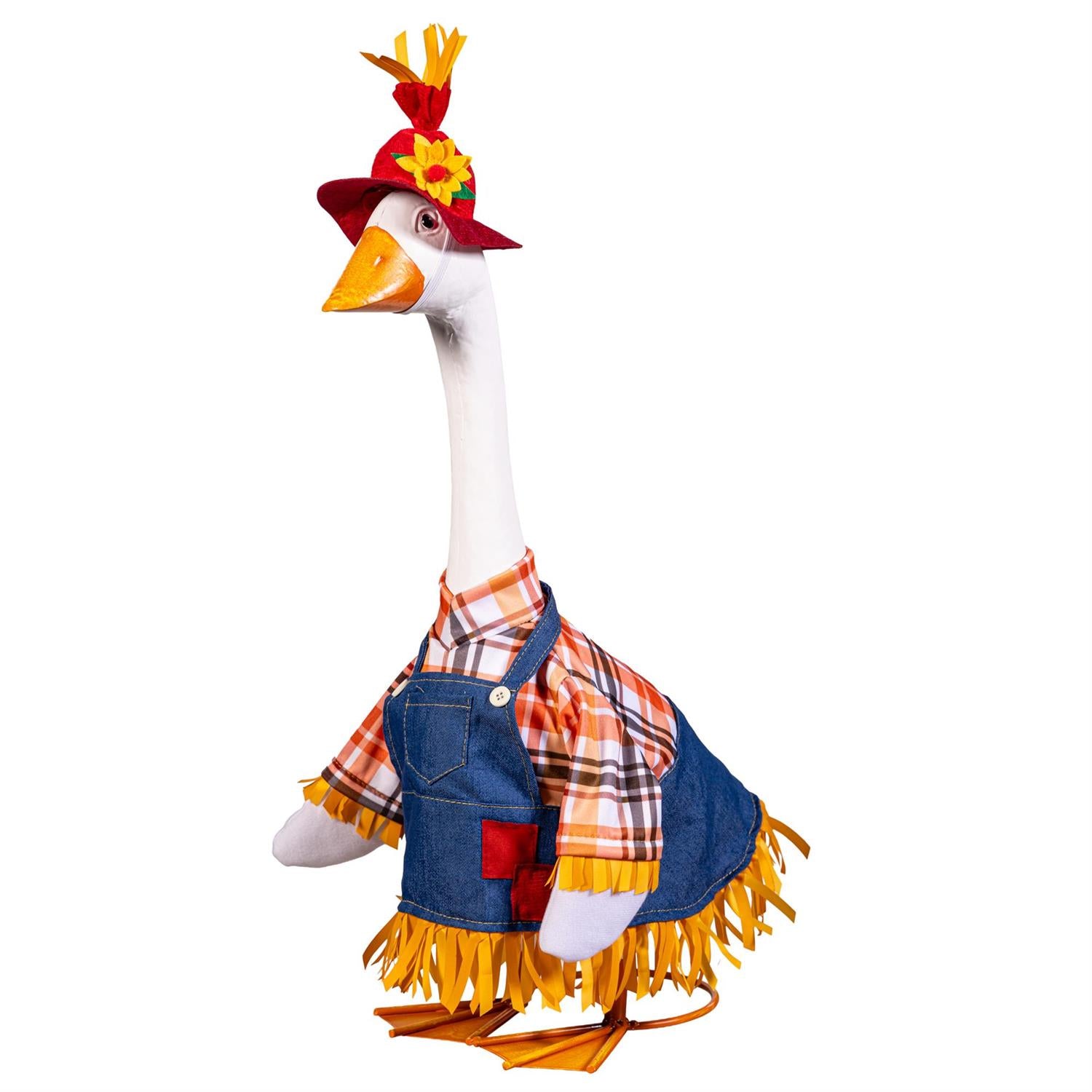 Decorative goose figurine wearing a plaid shirt, denim overalls, and a festive hat on a white background