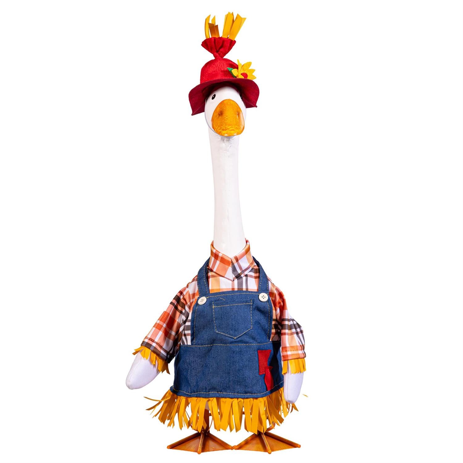 Giddy the Goose dressed in a charming scarecrow outfit for fall decorating, harvest displays, and Thanksgiving home décor.