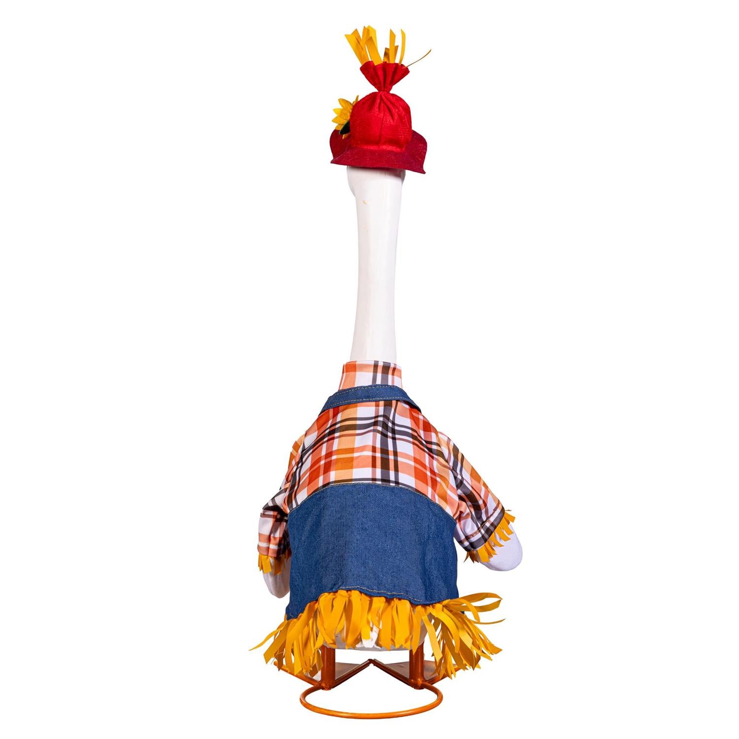 A small decorative goose figure wearing a red hat with yellow tassels, an orange, white, and black plaid shirt, and a blue apron with yellow fringe, displayed on a white mannequin against a light gray background.