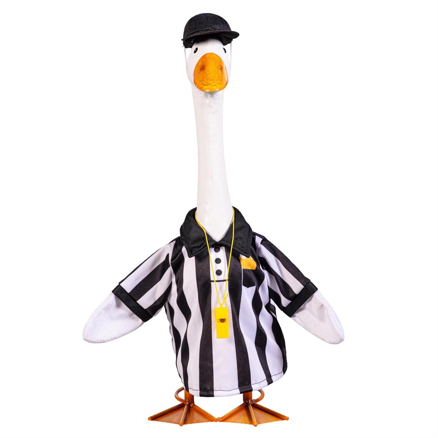 Giddy the Goose wearing a black and white referee outfit, perfect for football season, game day, and sports-themed fall décor.