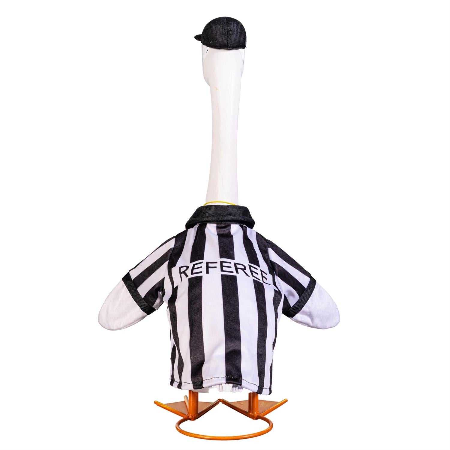 Giddy the Goose wearing a black and white referee outfit, perfect for football season, game day, and sports-themed fall décor.